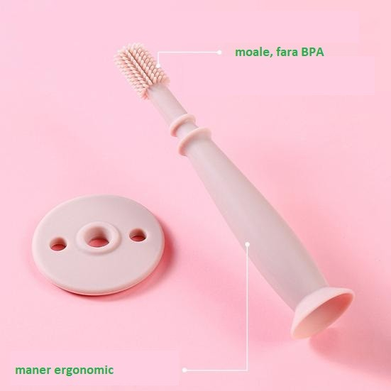 Periuta de dinti din silicon pentru bebelusi, fara bpa, 360 grade, bariera anti-inghitire, maner ergonomic, 12.5 x 15 cm, roz [3]