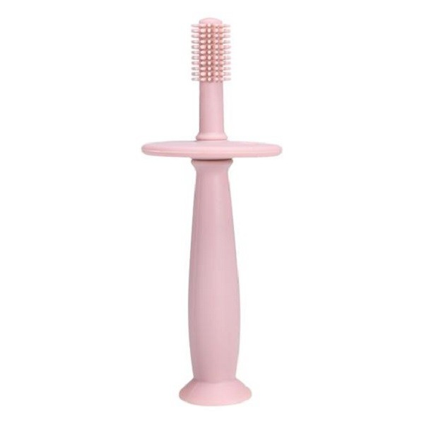 Periuta de dinti din silicon pentru bebelusi, fara bpa, 360 grade, bariera anti-inghitire, maner ergonomic, 12.5 x 15 cm, roz [1]