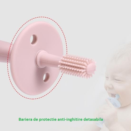 Periuta de dinti din silicon pentru bebelusi, fara bpa, 360 grade, bariera anti-inghitire, maner ergonomic, 12.5 x 15 cm, roz [2]