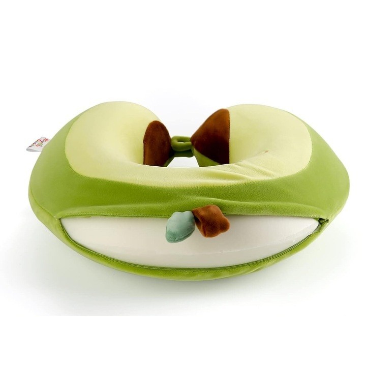 Perna de calatorie in forma de u, pentru gat si cap, umplutura din spuma cu memorie, 30x30 cm, model avocado, accesoriu de voiaj, birou, masina, sistem prindere capse, verde [2]