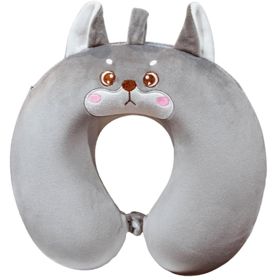 Perna de calatorie in forma de u, pentru gat si cap, umplutura din spuma cu memorie, 30x30 cm, model husky, accesoriu de voiaj, birou, masina, sistem prindere capse, gri [3]