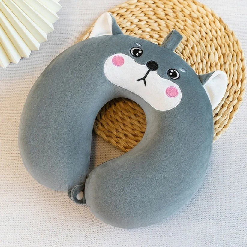 Perna de calatorie in forma de u, pentru gat si cap, umplutura din spuma cu memorie, 30x30 cm, model husky, accesoriu de voiaj, birou, masina, sistem prindere capse, gri [2]