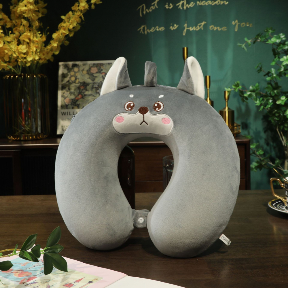 Perna de calatorie in forma de u, pentru gat si cap, umplutura din spuma cu memorie, 30x30 cm, model husky, accesoriu de voiaj, birou, masina, sistem prindere capse, gri [4]