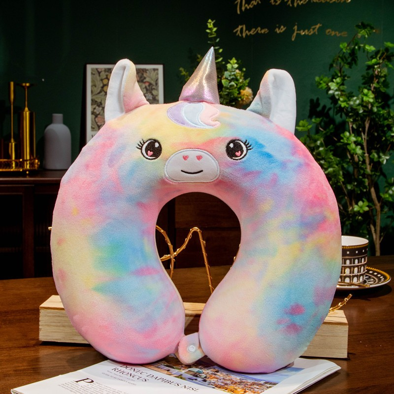 Perna de calatorie in forma de u, pentru gat si cap, umplutura din spuma cu memorie, 30x30 cm, model unicorn, accesoriu de voiaj, birou, masina, sistem prindere capse, multicolor [2]