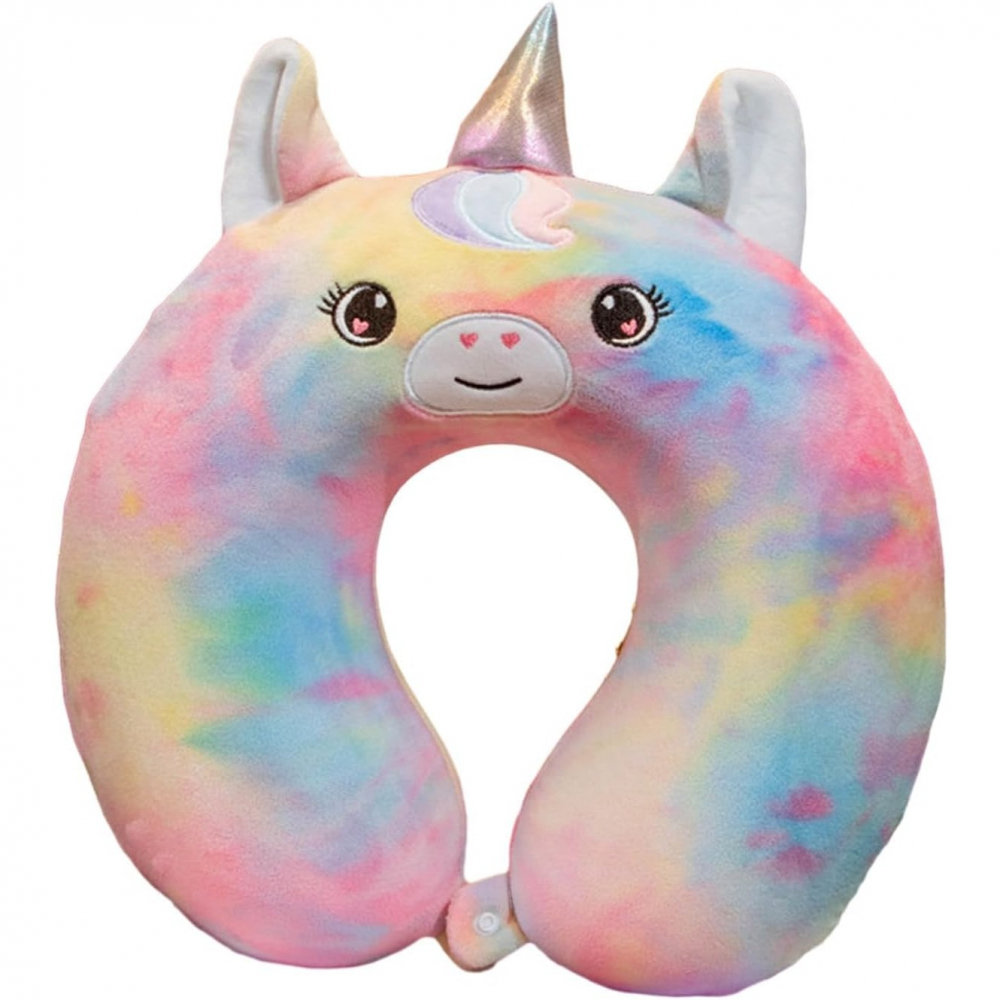 Perna de calatorie in forma de u, pentru gat si cap, umplutura din spuma cu memorie, 30x30 cm, model unicorn, accesoriu de voiaj, birou, masina, sistem prindere capse, multicolor [1]