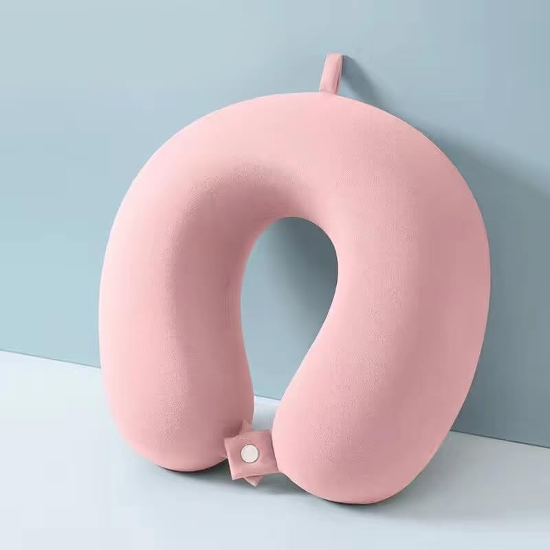 Perna de calatorie in forma de u, pentru gat si cap, umplutura din spuma cu memorie, 30x30 cm, sistem prindere capse, cutie de depozitare, roz [2]