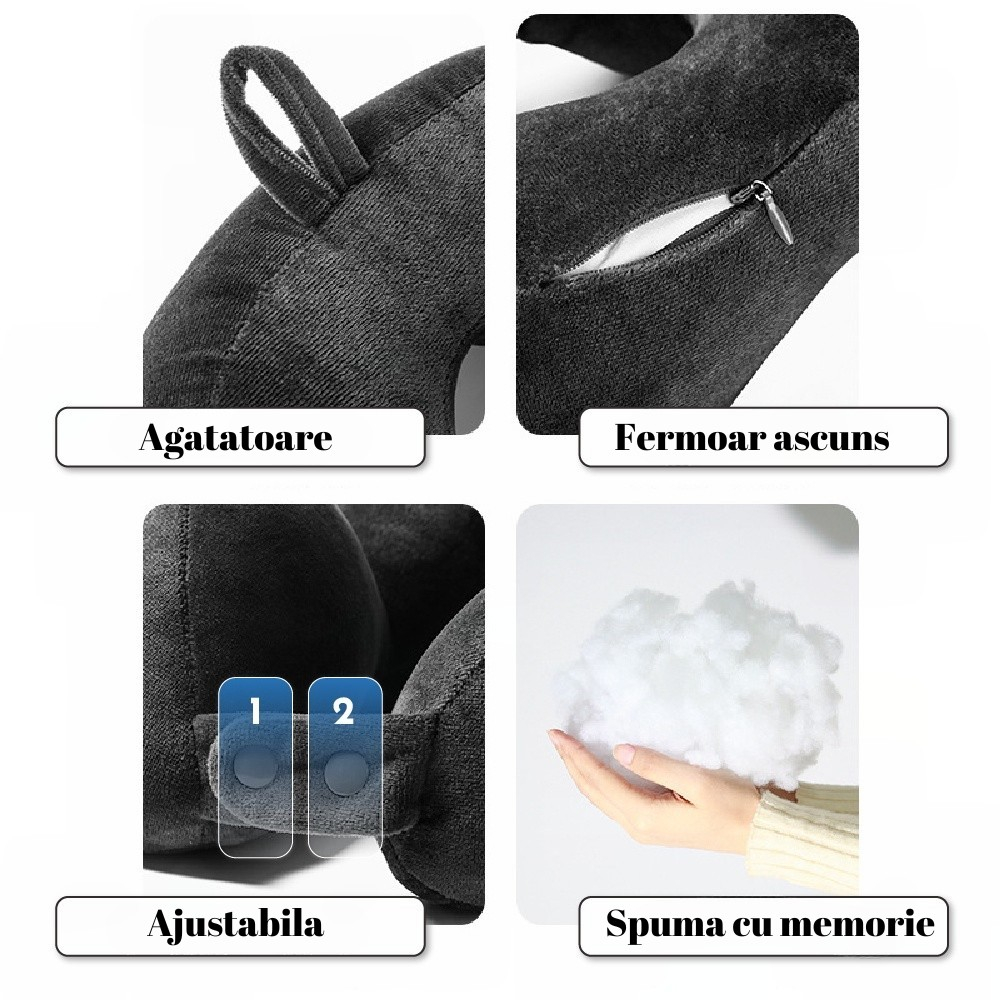 Perna de calatorie, pentru gat, din bumbac, cu 4 cocoase, ajustabila, gri [6]