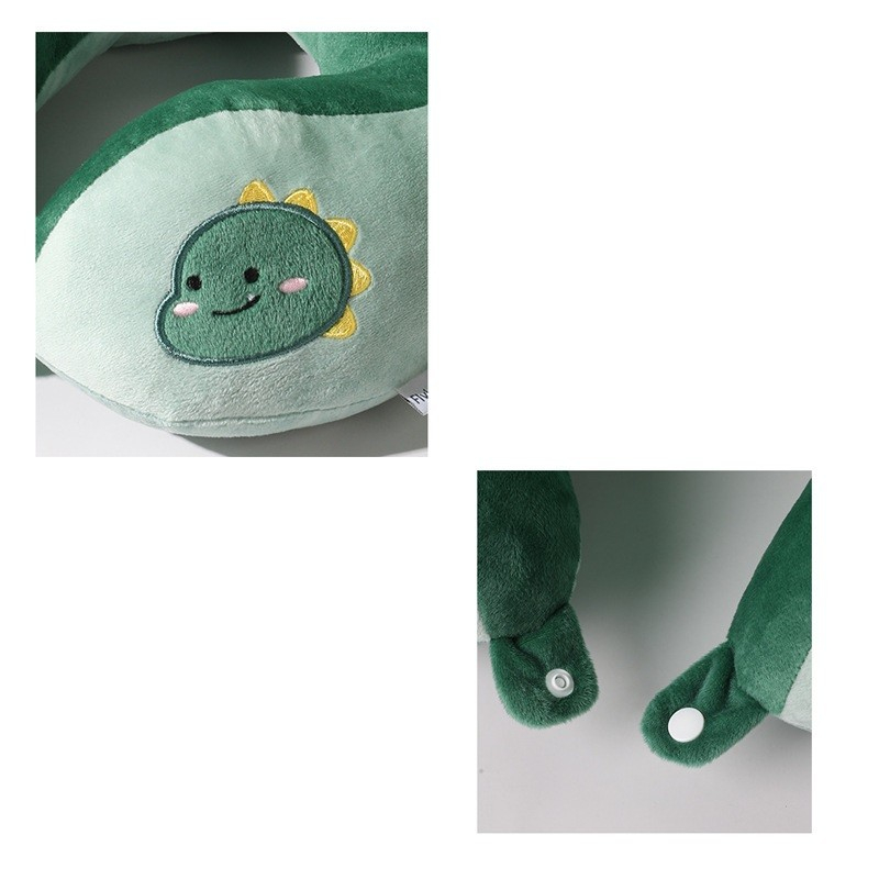 Perna de calatorie, pentru gat si cap, umplutura din bumbac, 28x28x10 cm, cu model brodat dinozaur, verde [3]