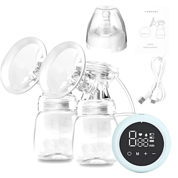 Pompa de san electrica 2 in 1, cu 2 biberoane, capacitate 180 ml, incarcare usb tip c, 1200 mah, 2 moduri, 9 viteze, albastru transparent [2]