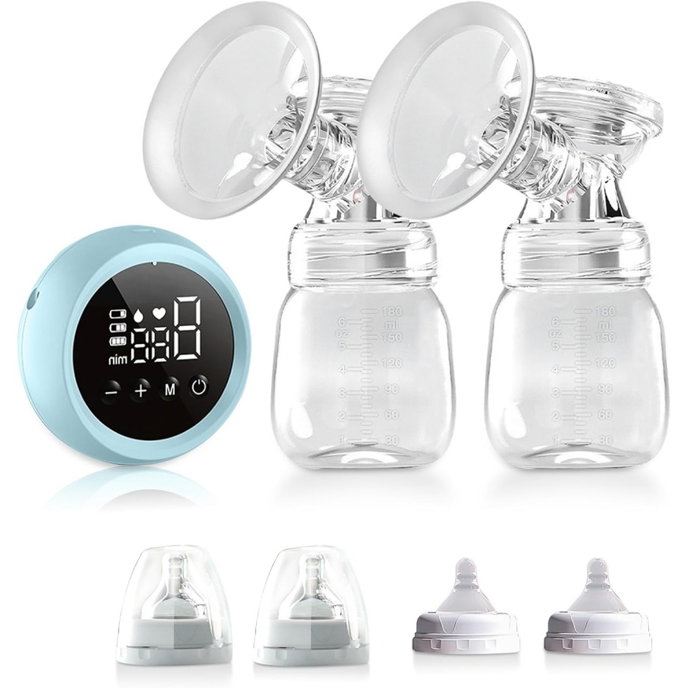 Pompa de san electrica 2 in 1, cu 2 biberoane, capacitate 180 ml, incarcare usb tip c, 1200 mah, 2 moduri, 9 viteze, albastru transparent [4]