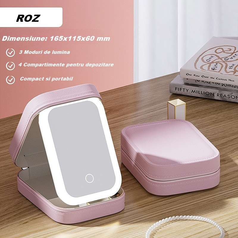 Portfard, geanta cosmetice, cu oglinda led, 3 moduri de lumina, incarcare usb, baterie 1200 mah, pentru organizarea cosmeticelor, 4 compartimente, imitatie piele, roz, 16.5x11.5x6 cm [3]