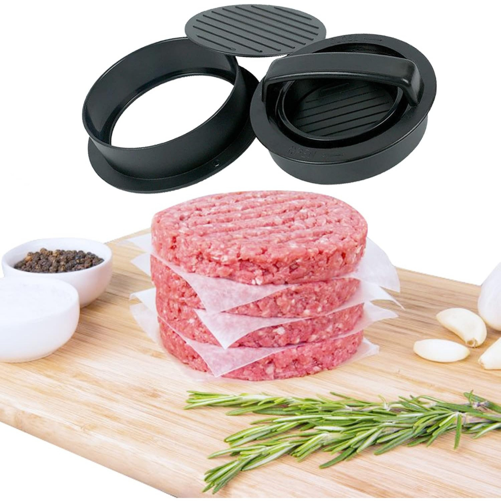 Presa dubla pentru hamburgeri 2 in 1, forma si presa, doua dimensiuni, cu maner, usor de curatat si folosit, material abs, 100 de foi hartie de copt incluse, 13x13.5x7 cm, fara lipire, neagra [4]