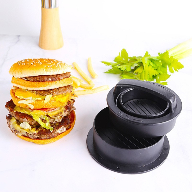 Presa dubla pentru hamburgeri 2 in 1, forma si presa, doua dimensiuni, cu maner, usor de curatat si folosit, material abs, 100 de foi hartie de copt incluse, 13x13.5x7 cm, fara lipire, neagra [6]