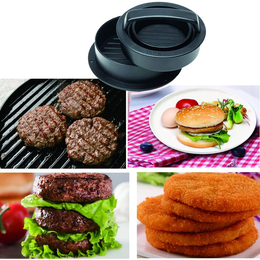 Presa dubla pentru hamburgeri 2 in 1, forma si presa, doua dimensiuni, cu maner, usor de curatat si folosit, material abs, 100 de foi hartie de copt incluse, 13x13.5x7 cm, fara lipire, neagra [3]