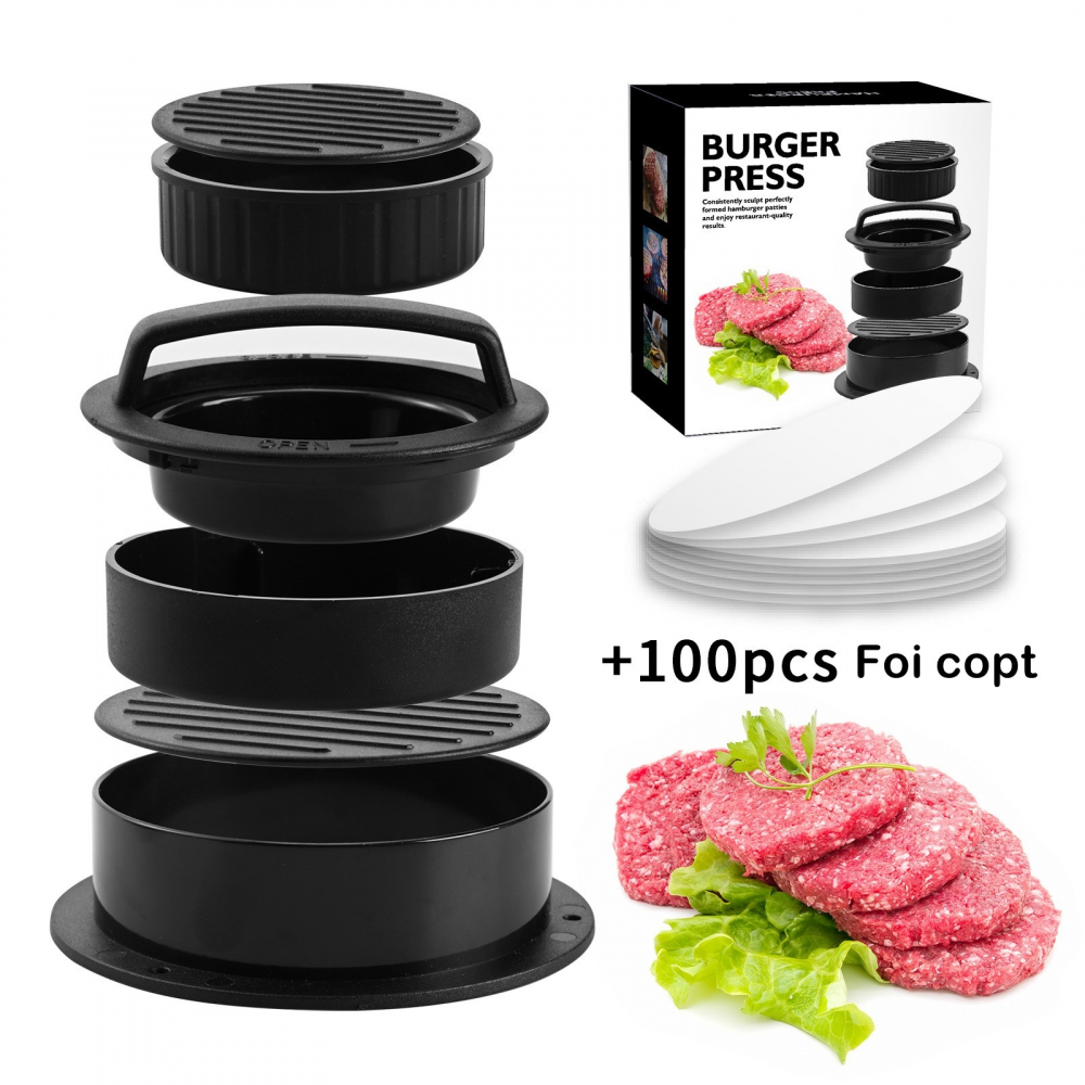 Presa dubla pentru hamburgeri 2 in 1, forma si presa, doua dimensiuni, cu maner, usor de curatat si folosit, material abs, 100 de foi hartie de copt incluse, 13x13.5x7 cm, fara lipire, neagra [2]