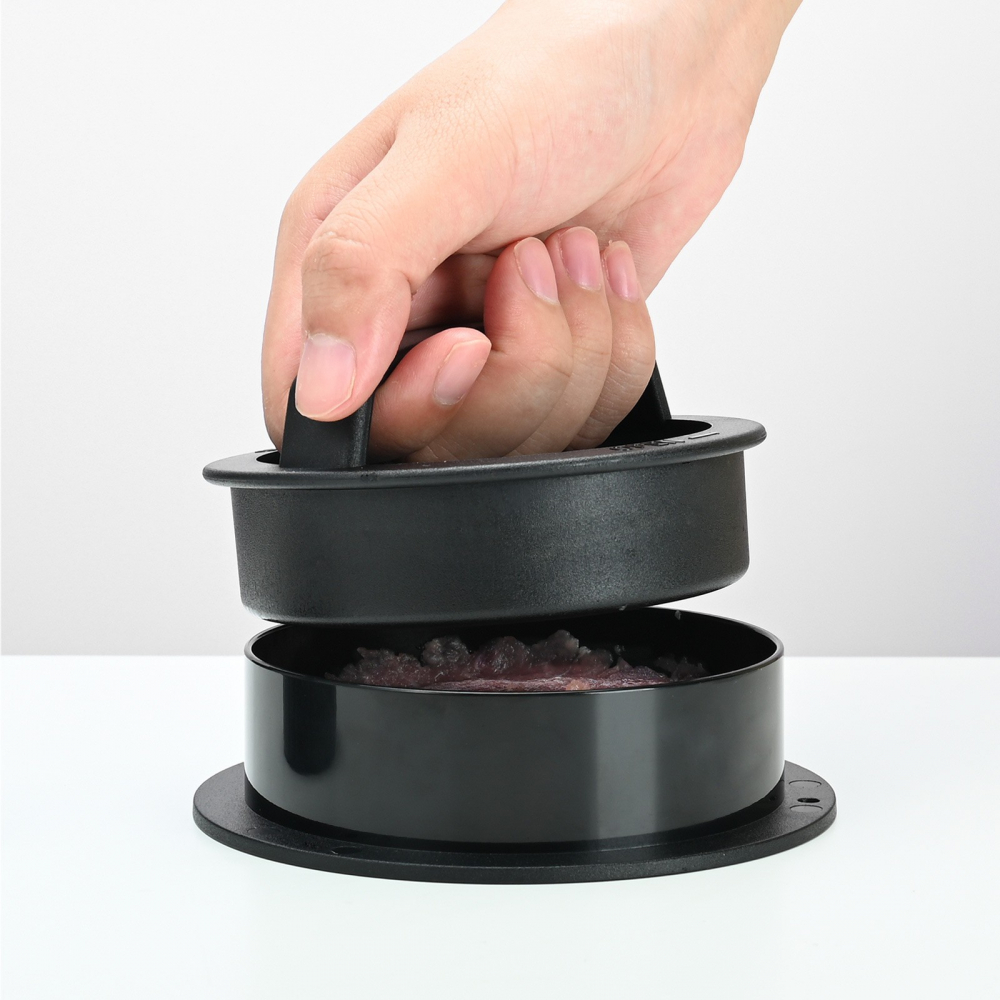 Presa dubla pentru hamburgeri 2 in 1, forma si presa, doua dimensiuni, cu maner, usor de curatat si folosit, material abs, 100 de foi hartie de copt incluse, 13x13.5x7 cm, fara lipire, neagra [9]