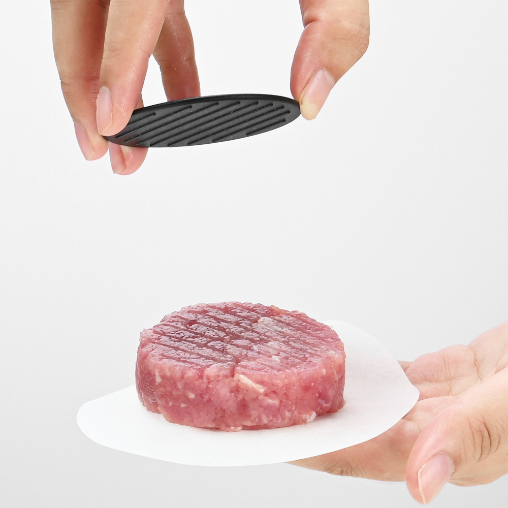 Presa dubla pentru hamburgeri 2 in 1, forma si presa, doua dimensiuni, cu maner, usor de curatat si folosit, material abs, 100 de foi hartie de copt incluse, 13x13.5x7 cm, fara lipire, neagra [7]
