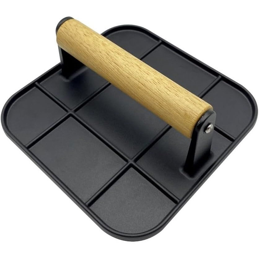 Presa manuala pentru carne, din aliaj de aluminiu, maner din lemn, presa pentru burgeri, usor de curatat si folosit, patrata, 16x16x6 cm, neagra [1]