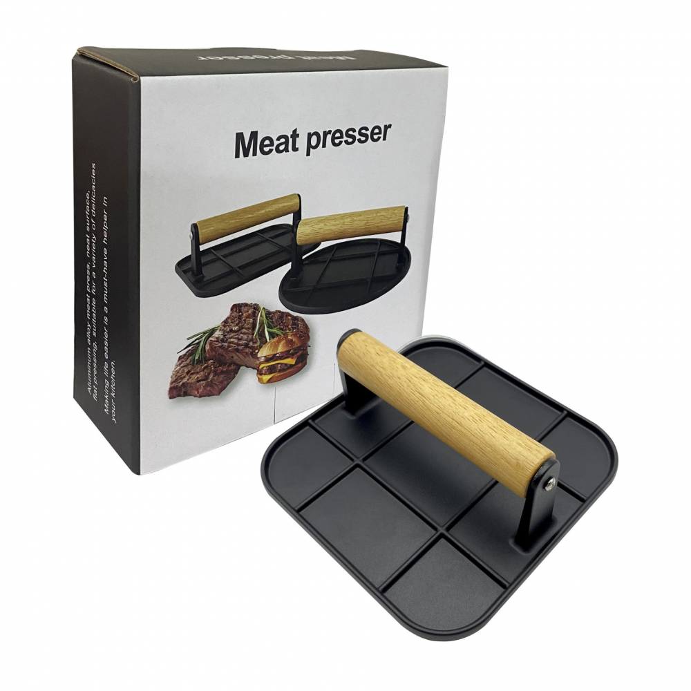 Presa manuala pentru carne, din aliaj de aluminiu, maner din lemn, presa pentru burgeri, usor de curatat si folosit, patrata, 16x16x6 cm, neagra [6]