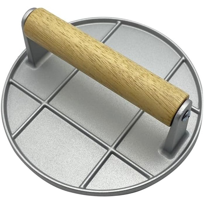 Presa manuala pentru carne, din aliaj de aluminiu, maner din lemn, presa pentru burgeri, usor de curatat si folosit, rotunda, 16x16x6 cm, gri [1]