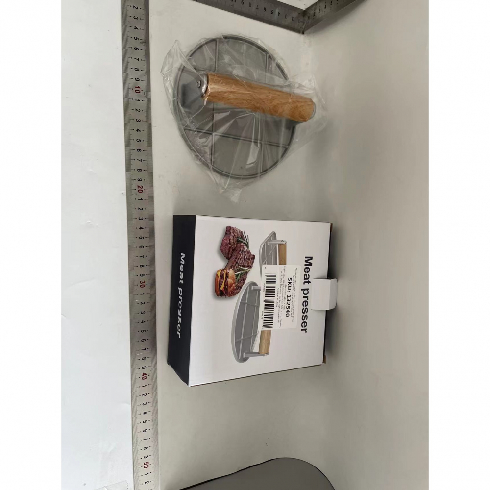 Presa manuala pentru carne, din aliaj de aluminiu, maner din lemn, presa pentru burgeri, usor de curatat si folosit, rotunda, 16x16x6 cm, gri [2]