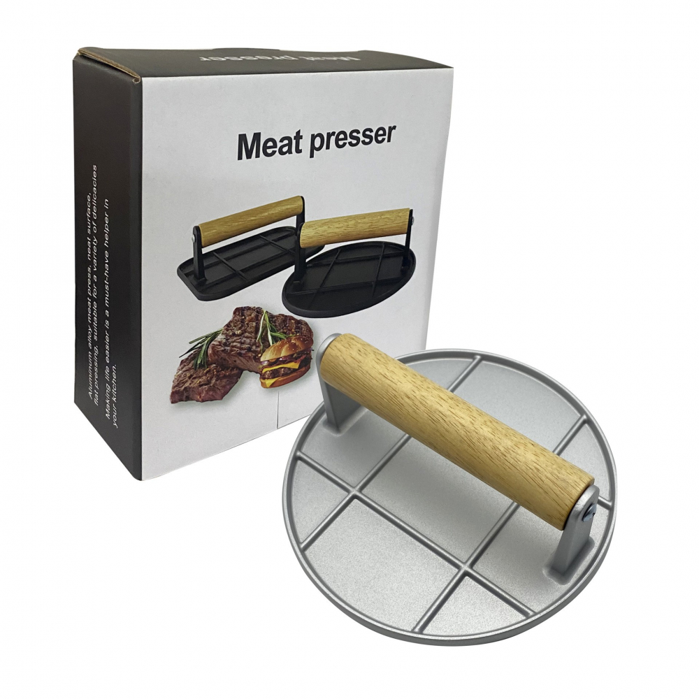 Presa manuala pentru carne, din aliaj de aluminiu, maner din lemn, presa pentru burgeri, usor de curatat si folosit, rotunda, 16x16x6 cm, gri [3]