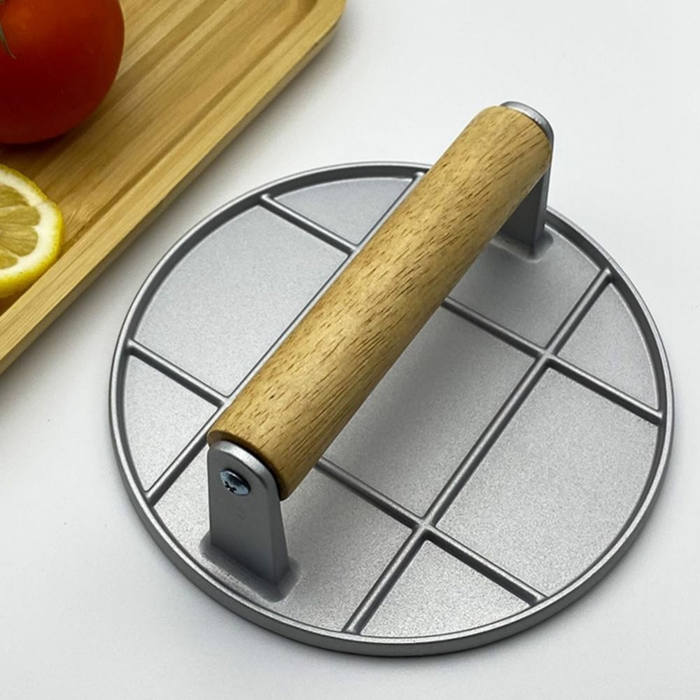 Presa manuala pentru carne, din aliaj de aluminiu, maner din lemn, presa pentru burgeri, usor de curatat si folosit, rotunda, 16x16x6 cm, gri [6]