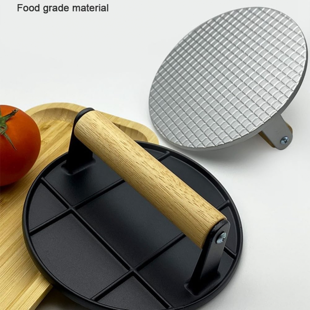 Presa manuala pentru carne, din aliaj de aluminiu, maner din lemn, presa pentru burgeri, usor de curatat si folosit, rotunda, 16x16x6 cm, neagra [10]