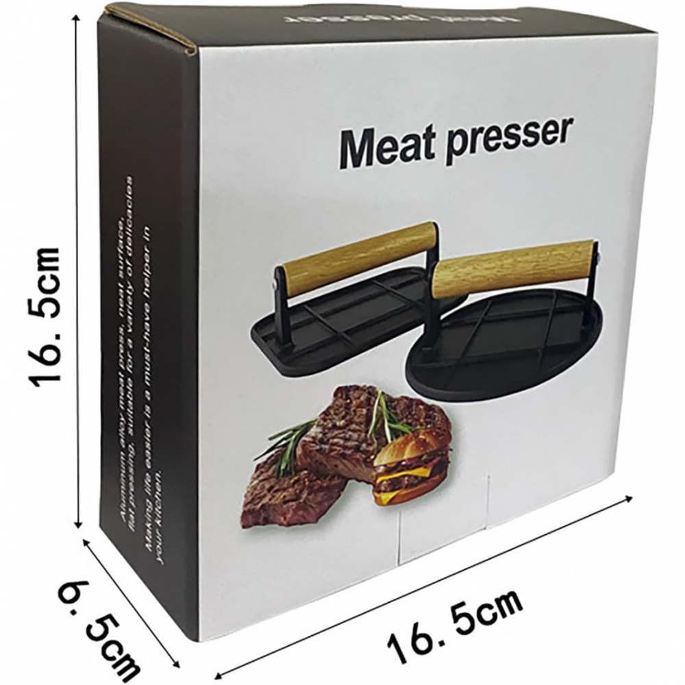 Presa manuala pentru carne, din aliaj de aluminiu, maner din lemn, presa pentru burgeri, usor de curatat si folosit, rotunda, 16x16x6 cm, neagra [8]