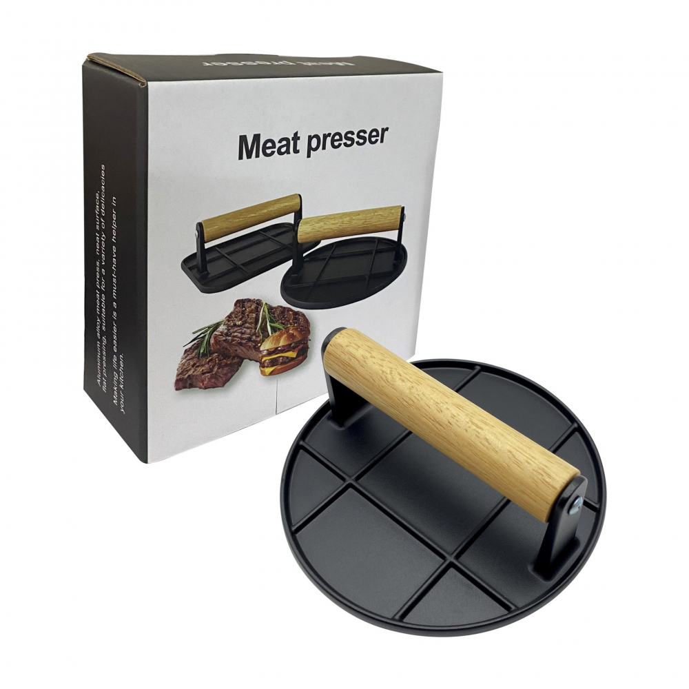 Presa manuala pentru carne, din aliaj de aluminiu, maner din lemn, presa pentru burgeri, usor de curatat si folosit, rotunda, 16x16x6 cm, neagra [3]