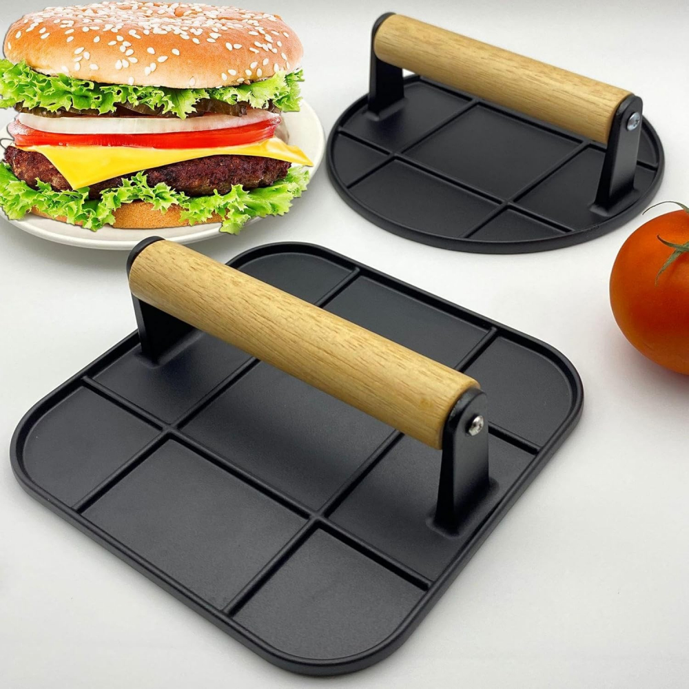 Presa manuala pentru carne, din aliaj de aluminiu, maner din lemn, presa pentru burgeri, usor de curatat si folosit, rotunda, 16x16x6 cm, neagra [11]