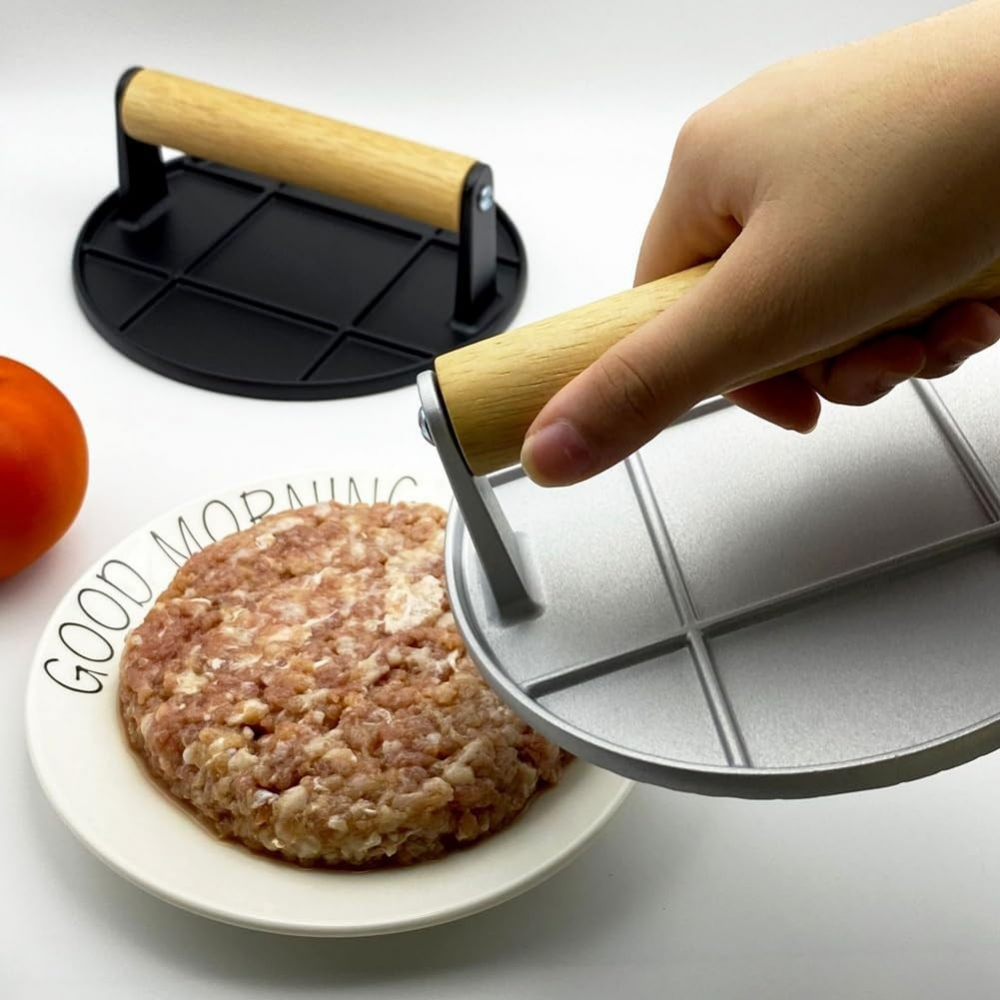 Presa manuala pentru carne, din aliaj de aluminiu, maner din lemn, presa pentru burgeri, usor de curatat si folosit, rotunda, 16x16x6 cm, neagra [9]