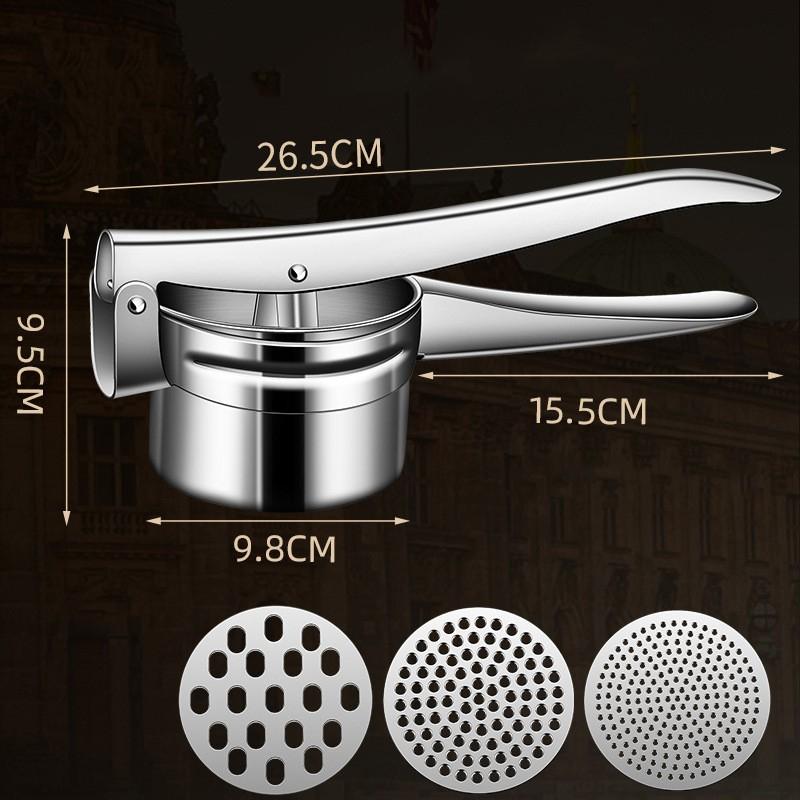 Presa storcator pentru fructe si legume, zdrobitor manual, inox, 3 discuri interschimbabile, usor de stors si de curatat, ergonomic, 26.5 x 9.8 x 9.5 cm argintiu [2]