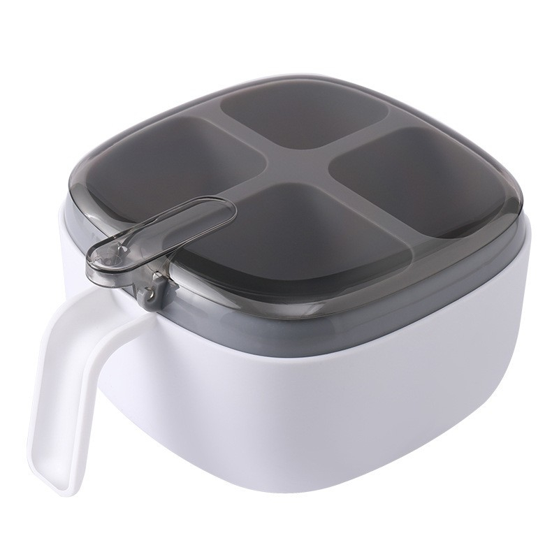 Recipient pentru condimente  4 casute, potrivit pentru sare, cimbru, piper, condimente, 4 lingurite din plastic, capac din plastic, maner, 14x14x8 cm, alb [1]