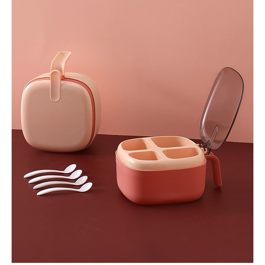 Recipient pentru condimente  4 casute, potrivit pentru sare, cimbru, piper, condimente, 4 lingurite din plastic, capac din plastic, maner, 14x14x8 cm, roz [5]