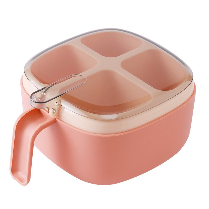 Recipient pentru condimente  4 casute, potrivit pentru sare, cimbru, piper, condimente, 4 lingurite din plastic, capac din plastic, maner, 14x14x8 cm, roz [1]