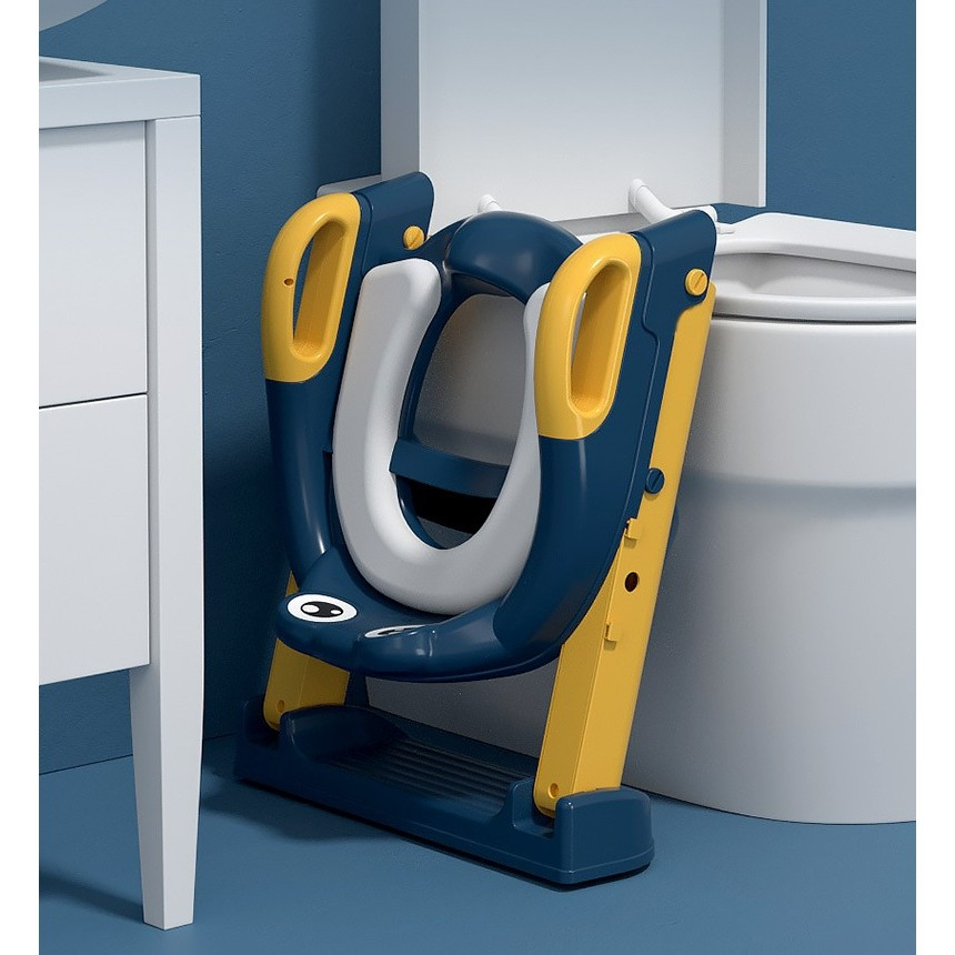 Reductor si scaunel inaltator wc, pentru copii 1 - 7 ani, 2 trepte reglabile, pliabil, colac moale, cu spatar si manere, inaltime 54/58 cm x 39.5 x 35 cm, din plastic+pvc, albastru/portocaliu [2]