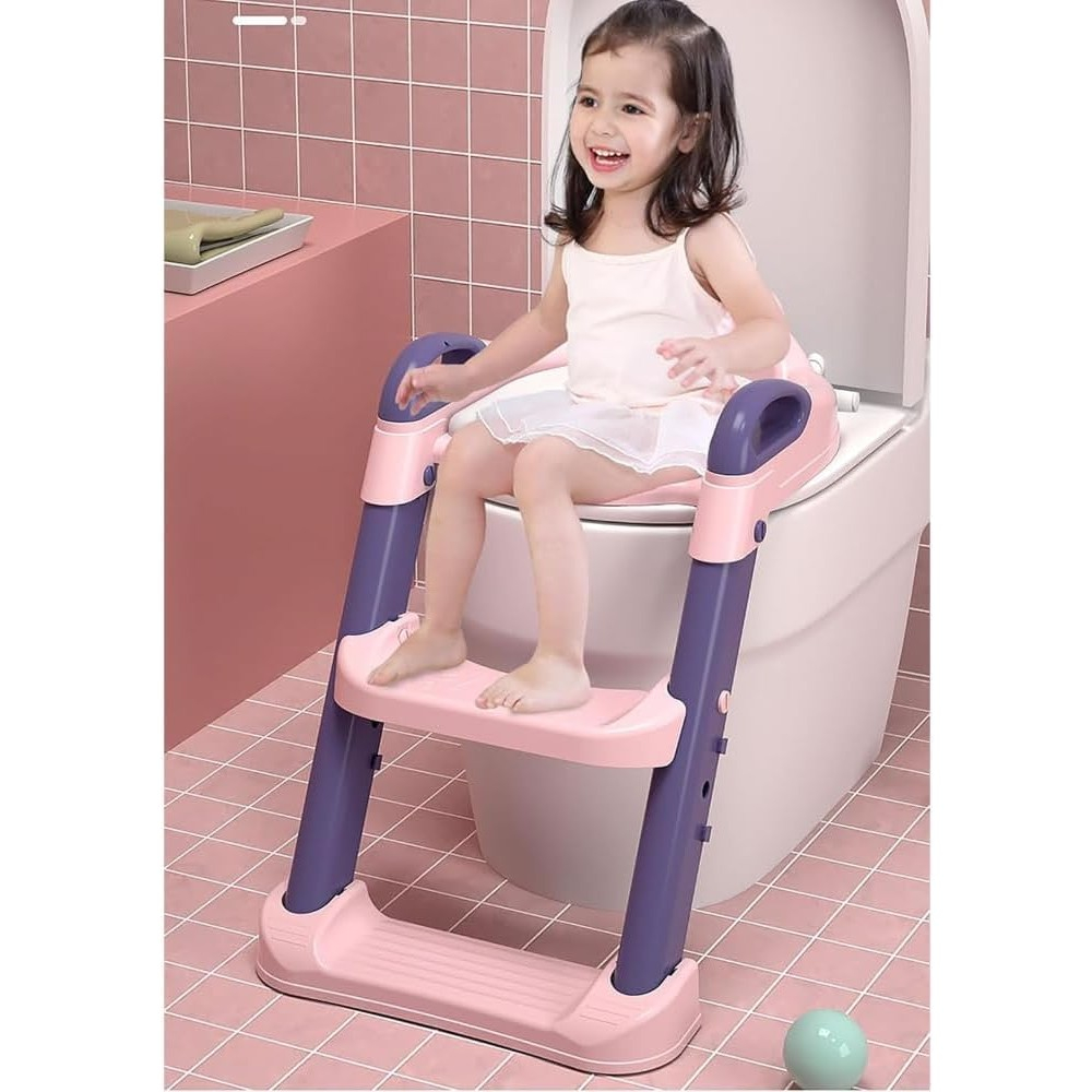 Reductor si scaunel inaltator wc, pentru copii 1 - 7 ani, 2 trepte reglabile, pliabil, colac moale, cu spatar si manere, inaltime 54/58 cm x 39.5 x 35 cm, din plastic+pvc, roz/mov [6]