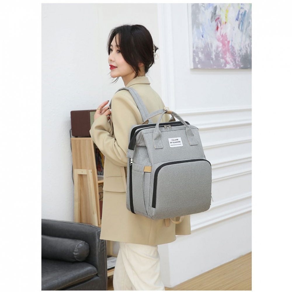 Rucsac multifunctional pentru mamici, cu patut pliabil si baza de schimbat, rezistent la apa, capacitate mare, usor, compartimente multiple, buzunar termic pentru lapte, 42 x 32 x 22 cm, gri [12]