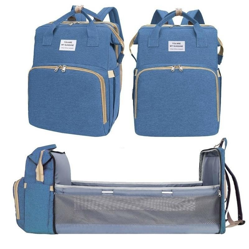 Rucsac multifunctional pentru mamici, cu patut pliabil si baza de schimbat, rezistent la apa, capacitate mare, usor, compartimente multiple, buzunar termic pentru lapte, 42 x 32 x 22 cm, albastru deschis [2]