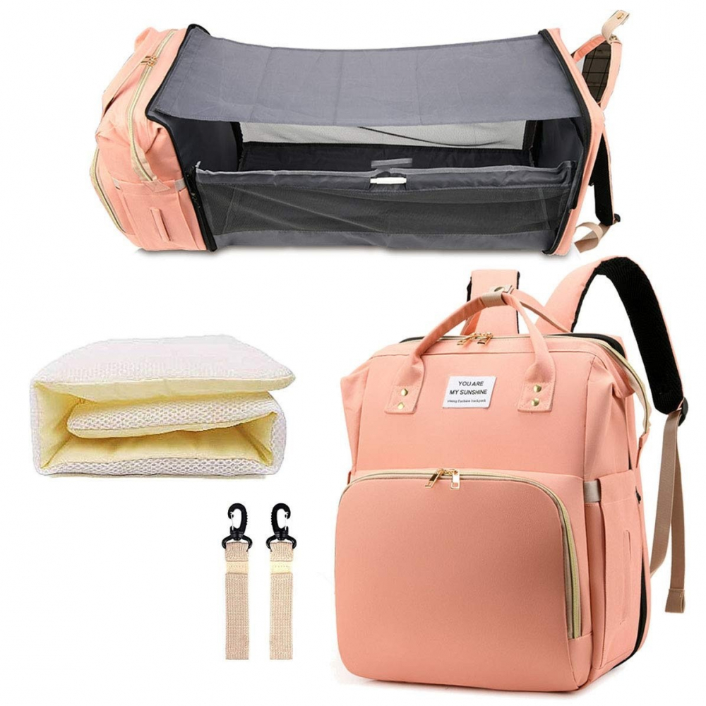 Rucsac multifunctional pentru mamici, cu patut pliabil si baza de schimbat, rezistent la apa, capacitate mare, usor, compartimente multiple, buzunar termic pentru lapte, 42 x 32 x 22 cm, roz pudra [3]