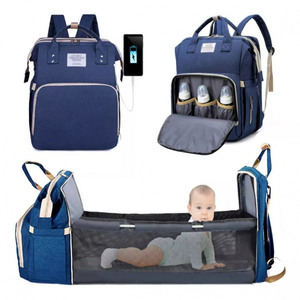 Rucsac multifunctional pentru mamici, cu patut pliabil si baza de schimbat, rezistent la apa, capacitate mare, usor, compartimente multiple, buzunar termic pentru lapte, 42 x 32 x 22 cm, albastru inchis [4]