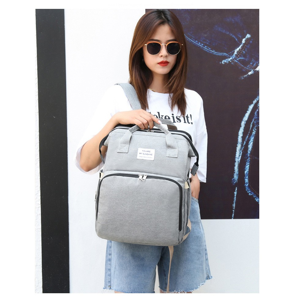Rucsac multifunctional pentru mamici, cu patut pliabil si baza de schimbat, rezistent la apa, capacitate mare, usor, compartimente multiple, buzunar termic pentru lapte, 42 x 32 x 22 cm, gri [6]