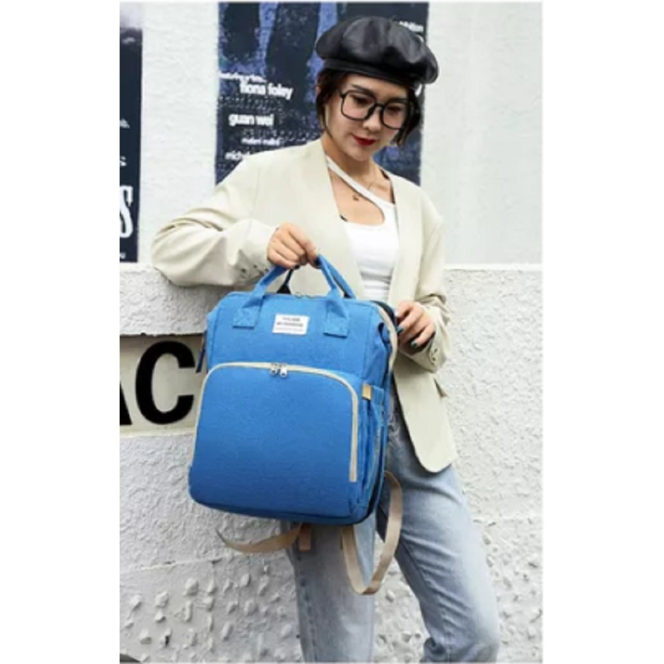 Rucsac multifunctional pentru mamici, cu patut pliabil si baza de schimbat, rezistent la apa, capacitate mare, usor, compartimente multiple, buzunar termic pentru lapte, 42 x 32 x 22 cm, albastru deschis [3]