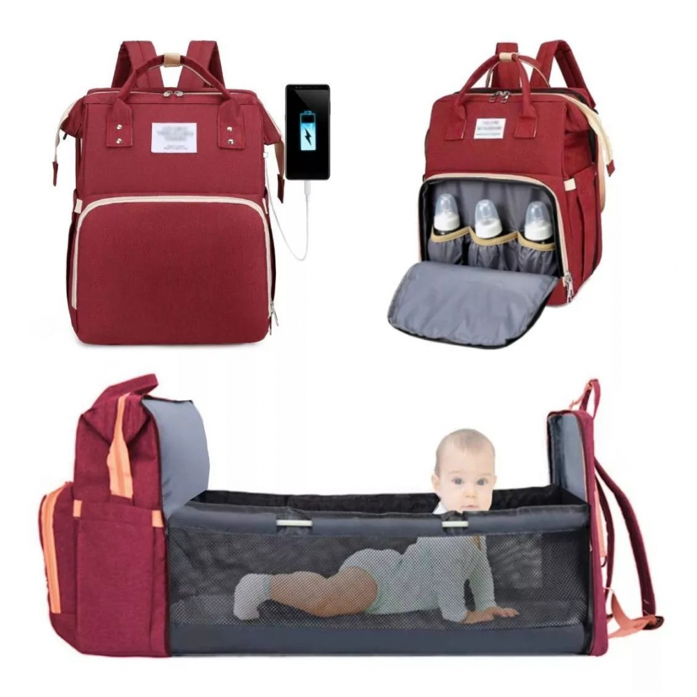 Rucsac multifunctional pentru mamici, cu patut pliabil si baza de schimbat, rezistent la apa, capacitate mare, usor, compartimente multiple, buzunar termic pentru lapte, 42 x 32 x 22 cm, rosu [4]