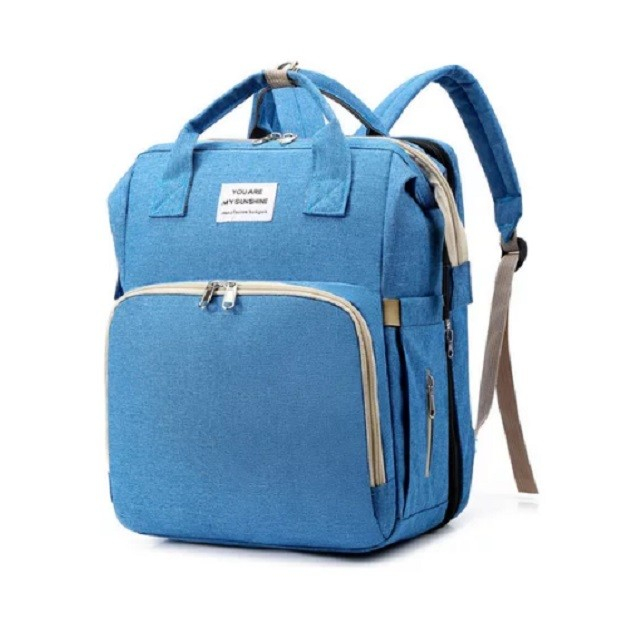 Rucsac multifunctional pentru mamici, cu patut pliabil si baza de schimbat, rezistent la apa, capacitate mare, usor, compartimente multiple, buzunar termic pentru lapte, 42 x 32 x 22 cm, albastru deschis [5]