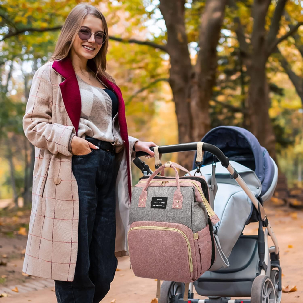 Rucsac multifunctional pentru mamici, din panza oxford, compartimentare multipla, impermeabil, 43 x 18 x 26 cm, roz/gri [5]