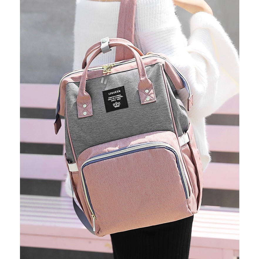 Rucsac multifunctional pentru mamici, din panza oxford, compartimentare multipla, impermeabil, 43 x 18 x 26 cm, roz/gri [10]