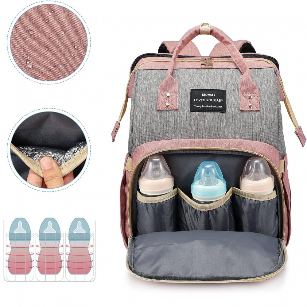 Rucsac multifunctional pentru mamici, din panza oxford, compartimentare multipla, impermeabil, 43 x 18 x 26 cm, roz/gri [4]