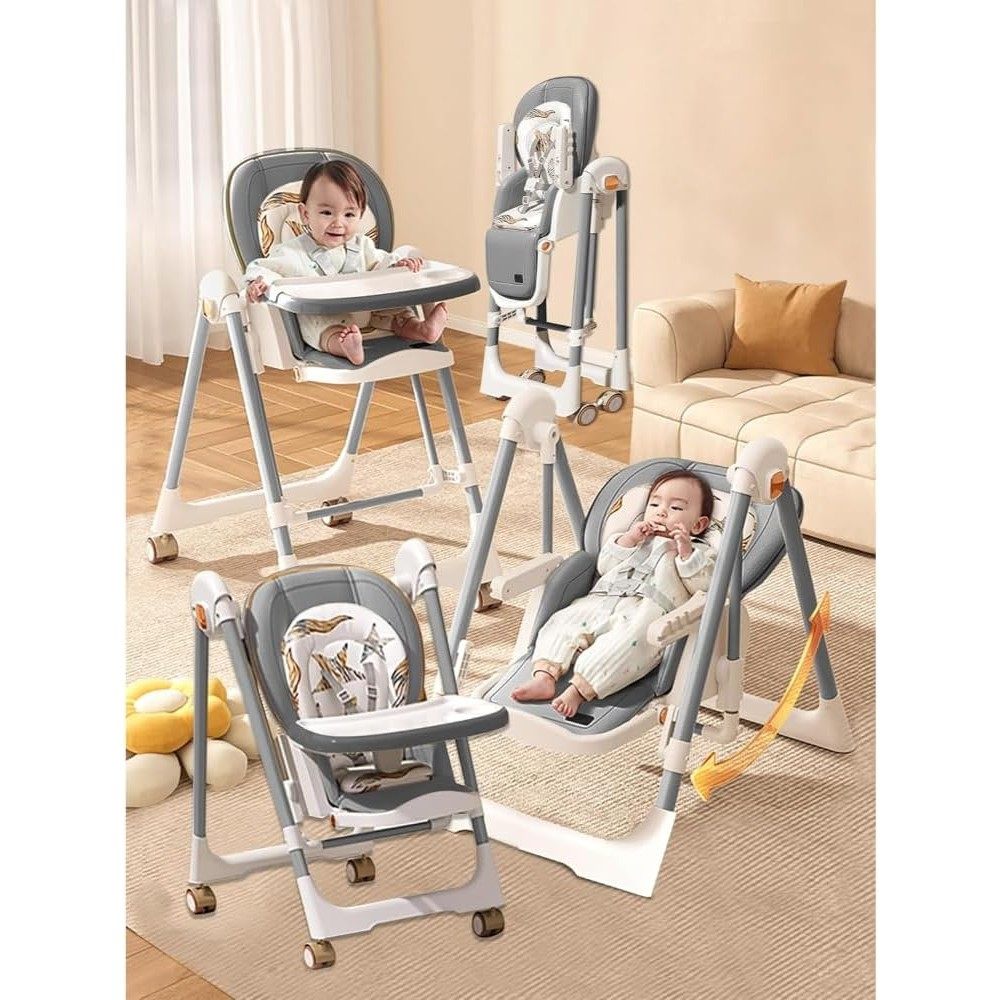 Scaun de masa 2in1, pentru copii 6 luni - 4 ani, pliabil, cu roti, balansoar, leagan, reglabil, tava de masa dubla, centura in 5 puncte, 96 x 56 x 76 cm, gri [2]